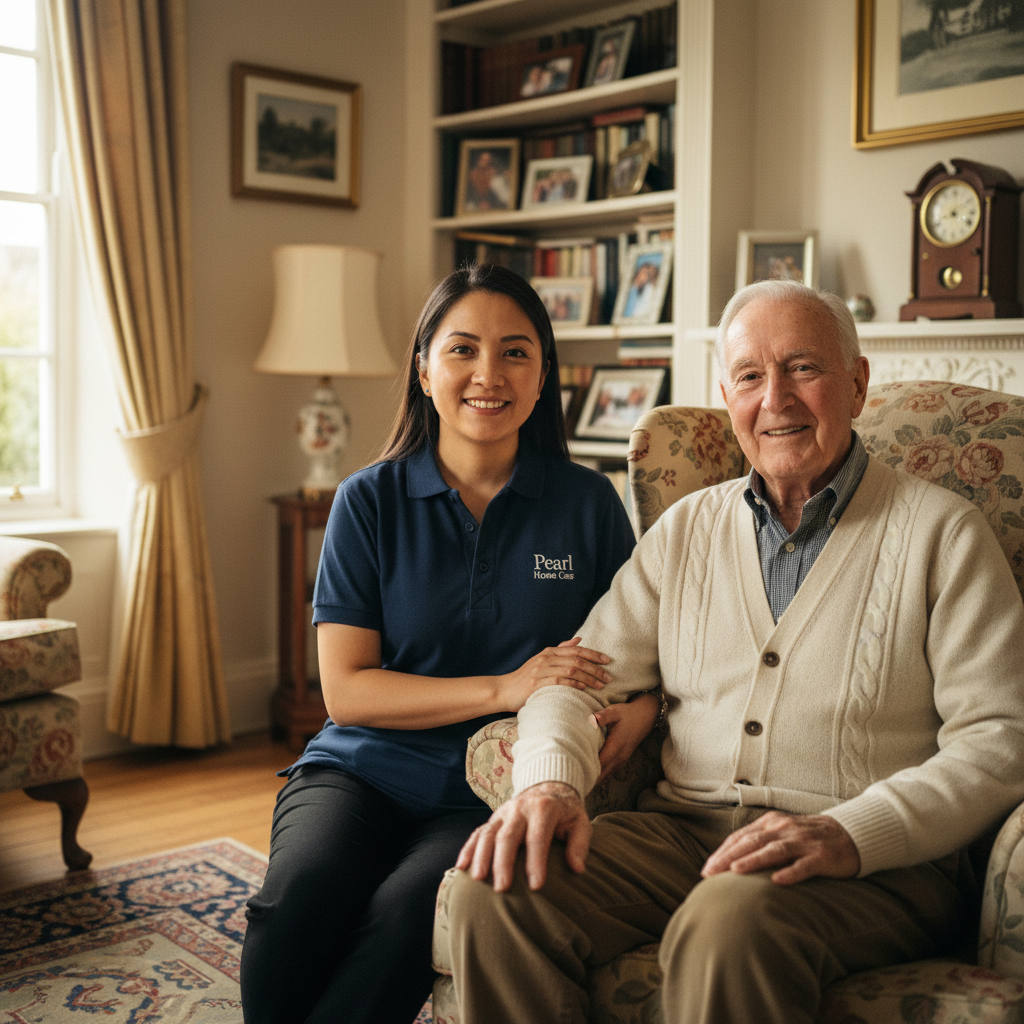 Pearl Home Care professional carer helping elderly client with tea in cozy living room